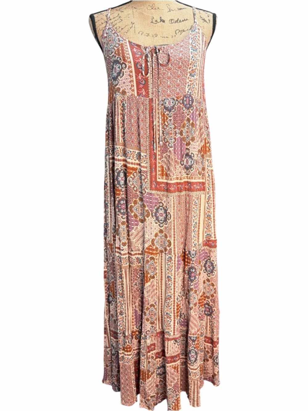 Be cool. Boho Patchwork Maxi Dress in Brown & Blue. EC. Size medium